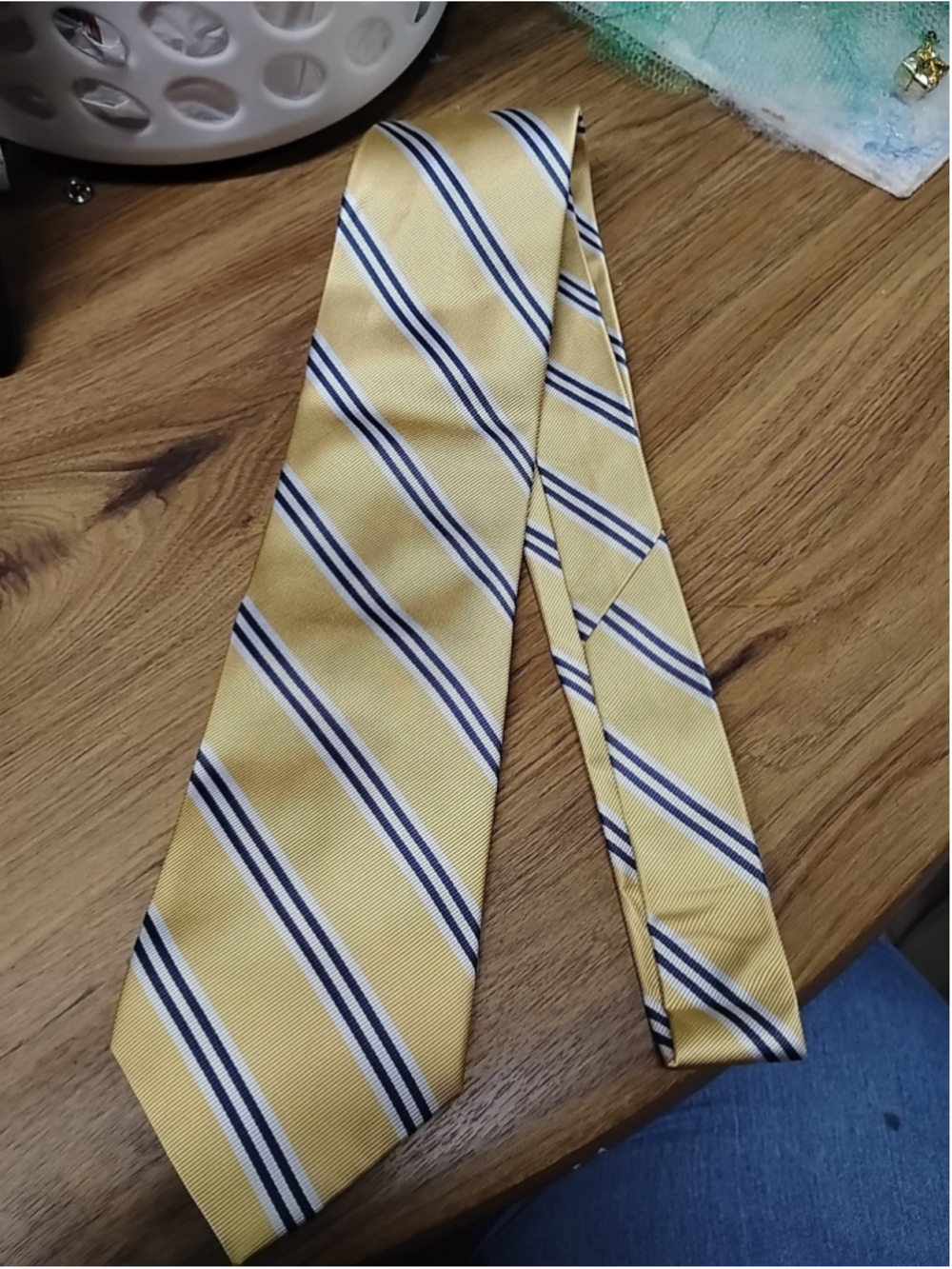 Rooster Gold Blue White Striped Silk Neck Tie 100% Silk